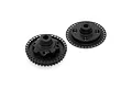Two black composite differential case halves for an XRAY RC car, shown from different angles on a white background.