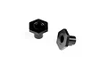 Two black aluminium hexagonal wheel hubs for RC cars, shown from different angles on a white background.