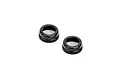 Two black aluminium shock absorber cap nuts for RC cars, shown from a top-down angle against a white background.