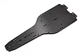A flat, black carbon fibre RC car chassis plate with various mounting holes, viewed from a high angle against a white background.