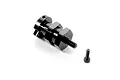 A black aluminium RC wheel hub component and a small hex screw isolated on a white background.