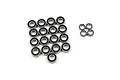 A collection of twenty RC ball bearings with black rubber seals arranged on a white background.