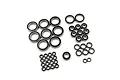 A collection of various sized rubber shielded ball bearings arranged on a white background.