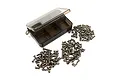 A Yeah Racing titanium screw kit featuring a small, partitioned plastic storage case and a large assortment of various metal screws.