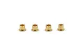 Four small brass flanged bushings arranged in a row against a white background.