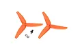 Two orange three-blade RC helicopter tail rotors with two small black screws and two metal washers on a white background.