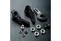 MST black aluminium steering arm set including two black metal arms, a carbon fiber plate, ball stud, bearings, screws, and washers.