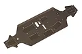 A gunmetal grey anodized aluminium main chassis plate for an RC car, featuring various milled cutouts and mounting holes.