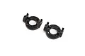 A pair of black plastic front spindle carriers for an RC car, marked LEFT and RIGHT.