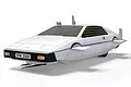 A studio shot of a Scalextric 1/32 scale Lotus Esprit S1 Wet Nellie slot car from The Spy Who Loved Me, featuring white bodywork and extended fins.