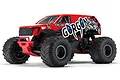 ARRMA Gorgon 4X2 Mega 550 RC Monster Truck in red, featuring large off-road tires and bold Gorgon branding on the side, isolated on a white background.