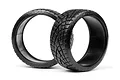 Two black HPI 1.9 inch Toyo Proxes R1R RC drift tires standing on a white background.