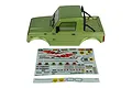 A green Element RC Bushido 1/10 scale crawler body shell with a black roll bar, shown with two accompanying decal sheets on a white background.