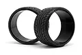 Two black HPI Racing drift tyres with Yokohama Advan Neova AD07 tread pattern and branding on a white background.