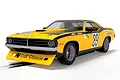 A 1/32 scale Scalextric slot car model of a yellow and black 1975 Chrysler Hemi Cuda, race number 89, featuring CdF Chimie branding on the front air dam.