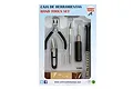Artesania Latina Hand Tools Set in original blister packaging containing pliers, snips, hobby knife, screwdriver, drill, and sanding block.