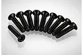 A set of ten black metal countersunk head screws arranged in a semi-circle on a white background.