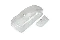 Clear, unpainted polycarbonate RC car body shell for a 1/7 scale Dodge Challenger SRT Demon, including a separate rear wing piece.