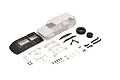 Kyosho Mini-Z Toyota 4Runner body shell set in white with black roof, wheels, and various small plastic accessory parts on a white background.
