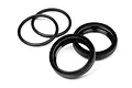 Two black aluminium shock spring adjuster nuts and two black rubber O-rings for HPI Vorza RC cars.