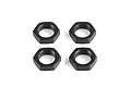 Four black aluminium hex wheel nuts arranged in a two-by-two grid against a plain white background.