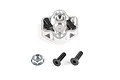 A silver aluminium reinforced pull start dial for RC engines, shown with a nut and two black hex bolts on a white background.