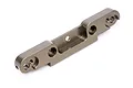 A gunmetal grey anodized aluminium rear suspension arm pin brace for an HPI Vorza RC car, shown from a high angle against a white background.