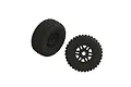 Two black ARRMA dBoots Fortress LP RC car wheels with knobby tread patterns on black rims, shown against a white background.