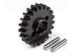 A black 21-tooth steel pinion gear for RC cars with two small metal dowel pins on a white background.