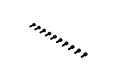 A set of ten black metal cap head screws arranged in a diagonal line against a white background.