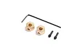 Two brass wheel hexes, two black grub screws, and an L-shaped hex key on a white background.