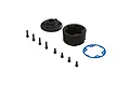 ARRMA centre differential case set including two black plastic housing halves, eight small black screws, and a blue gasket.