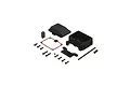 ARRMA receiver box set including black plastic housing, lid, gasket, antenna tube, and various mounting screws on a white background.