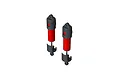 A pair of ARRMA red aluminium RC shock absorbers with black plastic caps and lower guards, shown against a white background.