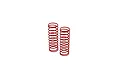 Two red metal RC shock absorber springs standing upright against a plain white background.