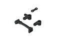 A set of four black plastic RC steering assembly components isolated on a white background.