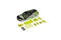 ARRMA Gorgon 1/10 scale RC truck body shell in black and fluorescent yellow with included plastic parts and springs on a white background.