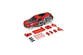 ARRMA 1/10 Gorgon red painted body shell with included plastic chassis components and suspension springs on a white background.