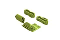 A set of four fluorescent yellow ARRMA RC car bumper mount and skid plate components isolated on a white background.