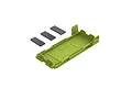 ARRMA fluorescent yellow battery door and three small rectangular foam pads on a white background.