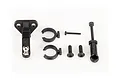 Traxxas trailer hitch set including a hitch mount, two circular clips, screws, and a ball link assembly on a white background.