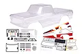 A clear, unpainted Traxxas 1979 Ford F-150 RC body shell with included plastic detail parts, grille, and decal sheet on a white background.