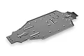 A dark titanium-coloured aluminium main chassis plate for an RC vehicle, featuring various mounting holes and structural ribs.