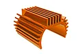 An orange anodized aluminium motor heatsink with cooling fins, designed for RC car motors.