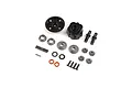 Losi complete centre differential parts kit including gears, housing, bearings, and hardware on a white background.
