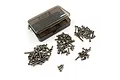 A collection of various titanium RC screws arranged in piles next to a small, translucent grey plastic storage box with the Yeah Racing logo.