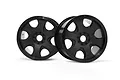 Two black HPI Savage Warlock RC monster truck rims shown from a front-facing angle against a white background.