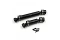 Two black metal RC driveshafts of different lengths with YR logos and four small black screws on a white background.