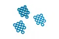 A collection of blue anodized aluminium flat washers arranged in three small groups against a white background.