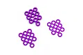 A collection of purple anodized aluminium flat washers arranged in three small groups against a plain white background.